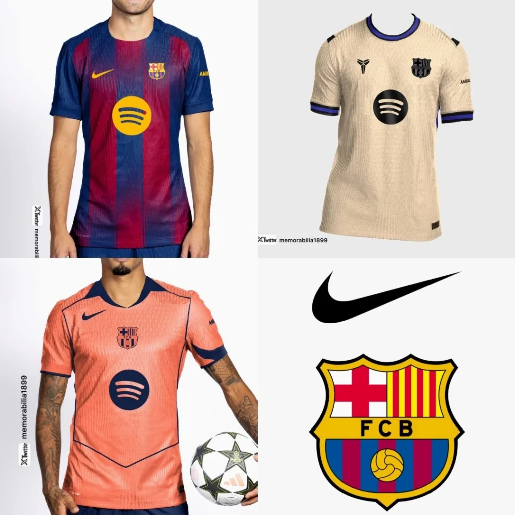 Jersey resmi FC Barcelona musim 2025/26 home, away, dan third kit buatan Nike.