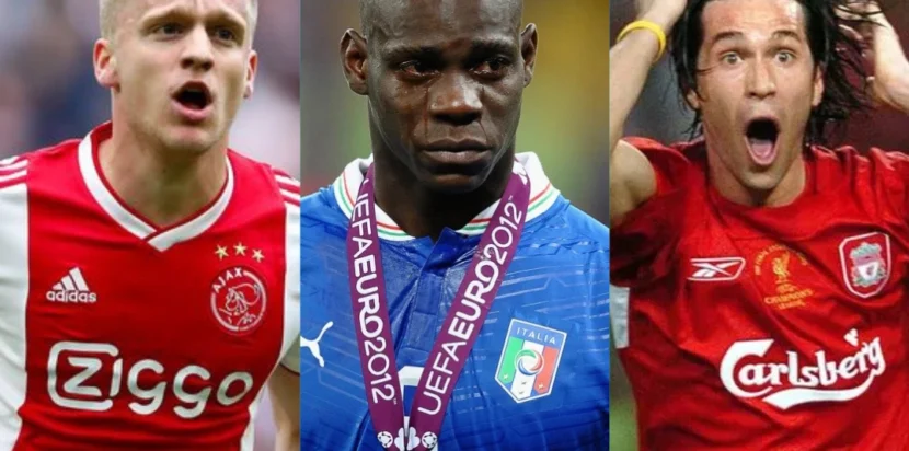 Kolase foto Donny van de Beek, Mario Balotelli, dan Luis Garcia.