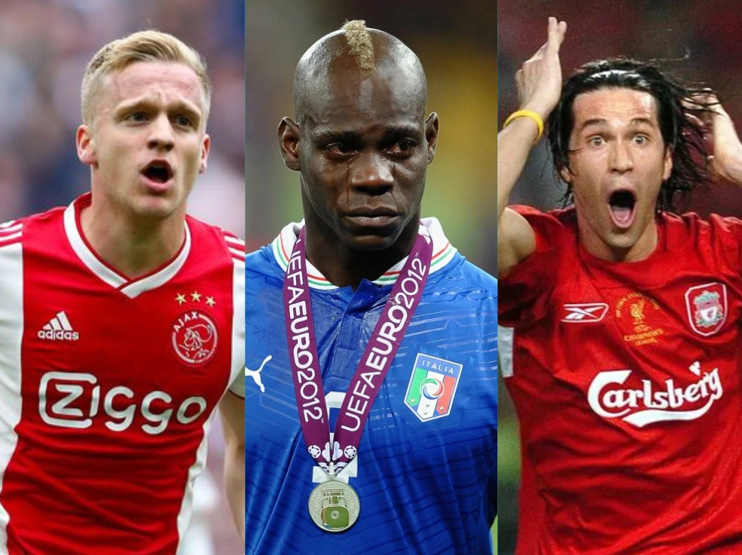 Kolase foto Donny van de Beek, Mario Balotelli, dan Luis Garcia.