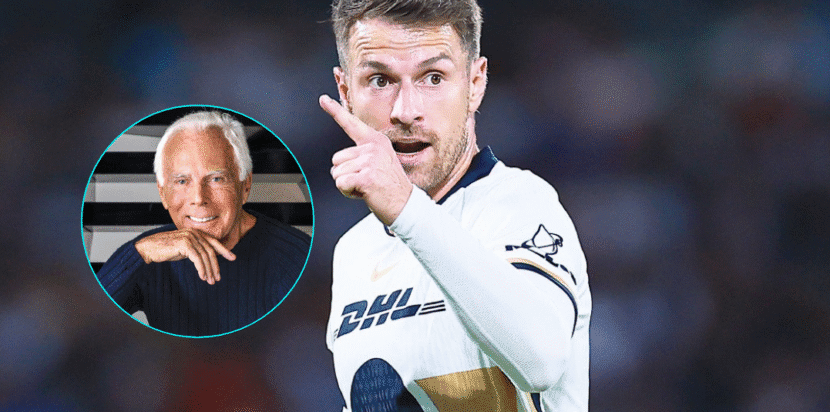Aaron Ramsey menunjuk ke depan dengan inset foto Giorgio Armani, setelah kabar wafatnya desainer Italia dikaitkan dengan kutukan gol Ramsey.