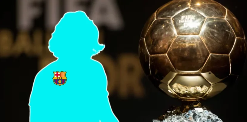 Siluet Allan Simonsen dengan logo Barcelona dan trofi Ballon d’Or