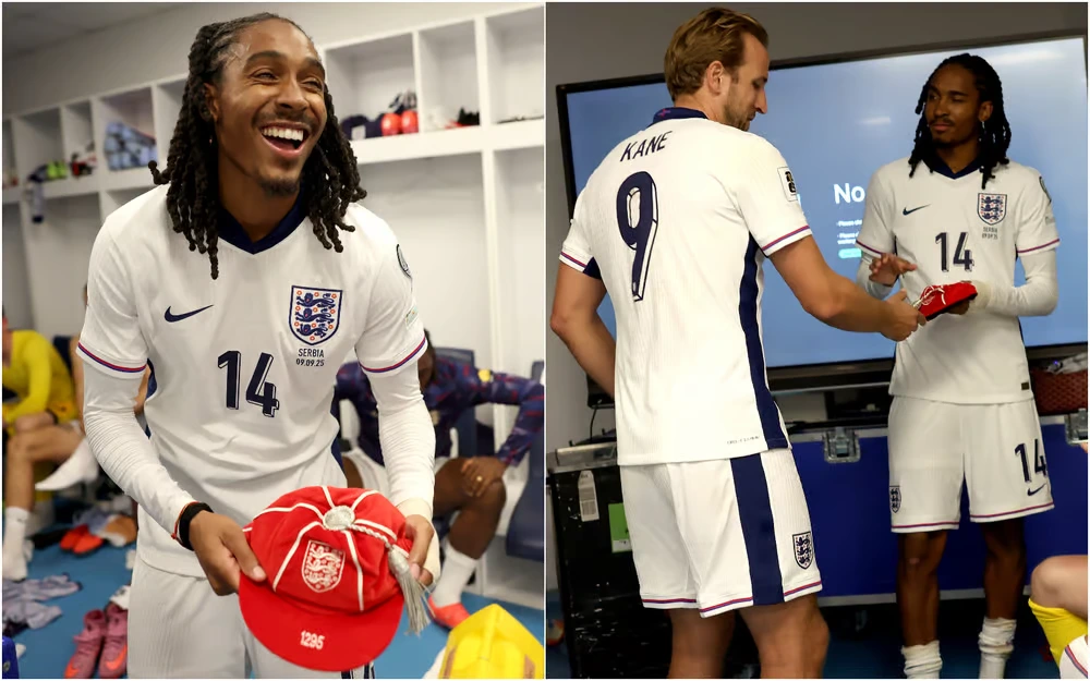 Djed Spence menerima cap pertama Timnas Inggris dari Harry Kane setelah debut bersejarahnya.