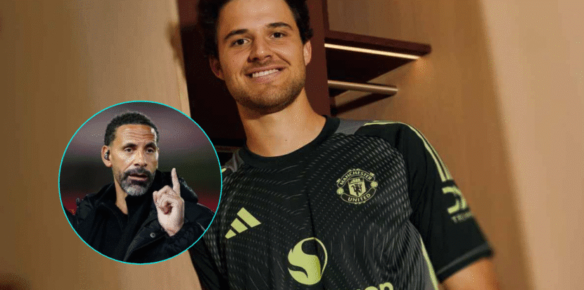 Senne Lammens mengenakan jersey Manchester United, dengan insert Rio Ferdinand yang memberi komentar