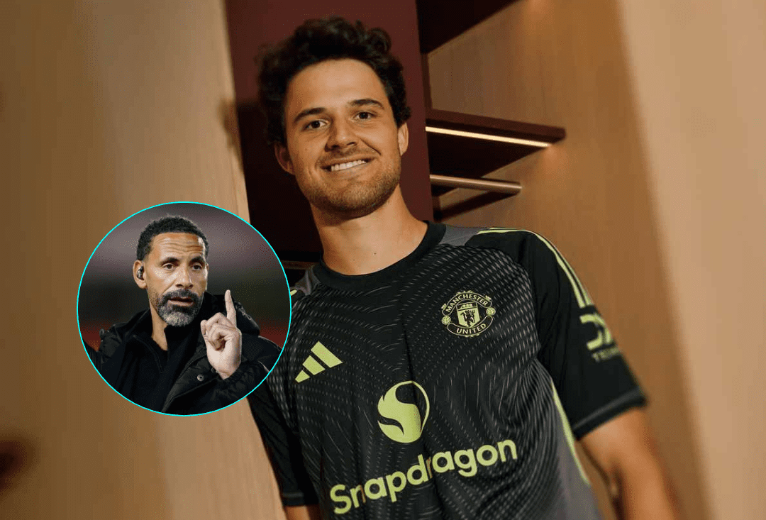 Senne Lammens mengenakan jersey Manchester United, dengan insert Rio Ferdinand yang memberi komentar