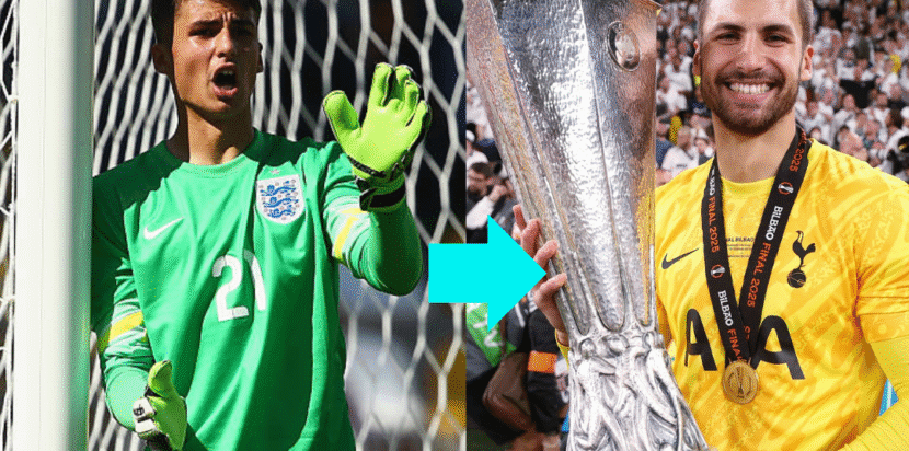 Kiper Tottenham Hotspur Alfie Whiteman memegang trofi Liga Europa 2025 dengan medali kemenangan di lehernya.