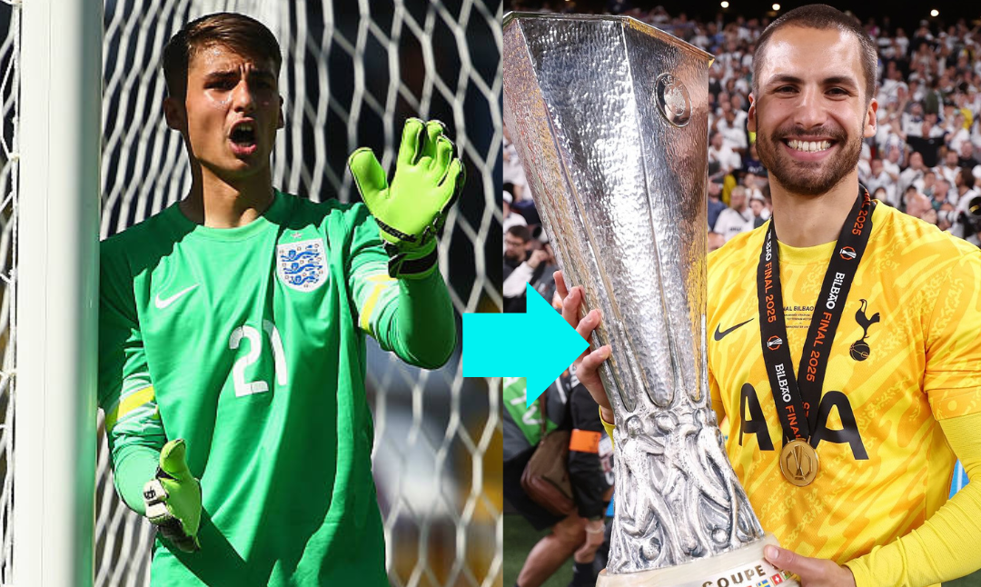 Kiper Tottenham Hotspur Alfie Whiteman memegang trofi Liga Europa 2025 dengan medali kemenangan di lehernya.