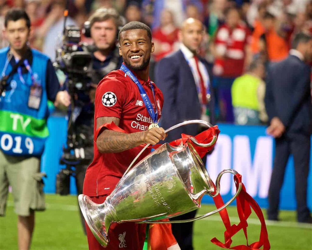 Georginio Wijnaldum merayakan kemenangan Liverpool di final Liga Champions 2019