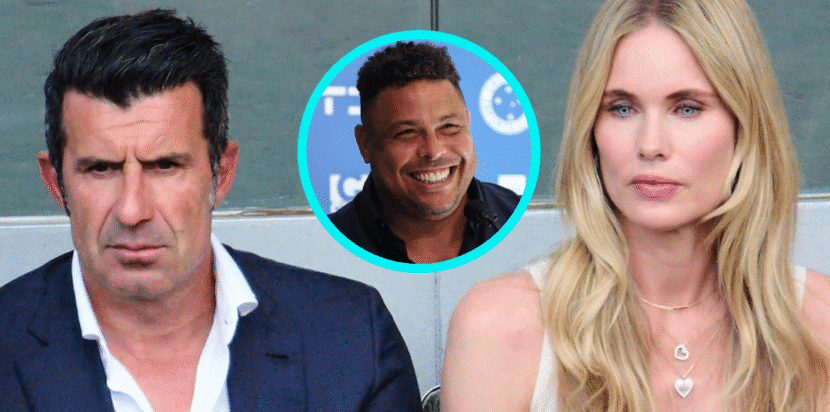 Luis Figo dan Helen Svedin dengan foto Ronaldo di tengah, terkait cerita komentar nakal sang legenda Brasil.