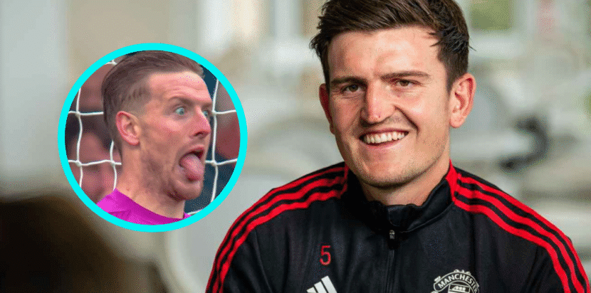 Harry Maguire tersenyum mengenakan jaket Manchester United dengan inset wajah lucu Jordan Pickford di sisi kiri gambar.