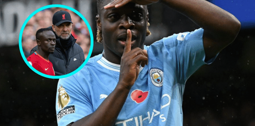 Jeremy Doku dalam seragam Manchester City, dengan inset foto Sadio Mane dan Jurgen Klopp yang sempat mengajaknya bergabung ke Liverpool.
