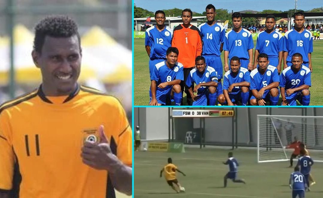 Kolase foto pemain Vanuatu, skuad Mikronesia, dan cuplikan laga 46-0 di Pacific Games 2015.