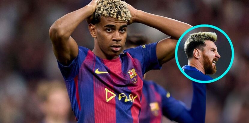 Lamine Yamal tampak frustrasi karena cedera pubalgia, dengan foto inset Lionel Messi yang pernah mengalami cedera serupa di Barcelona.