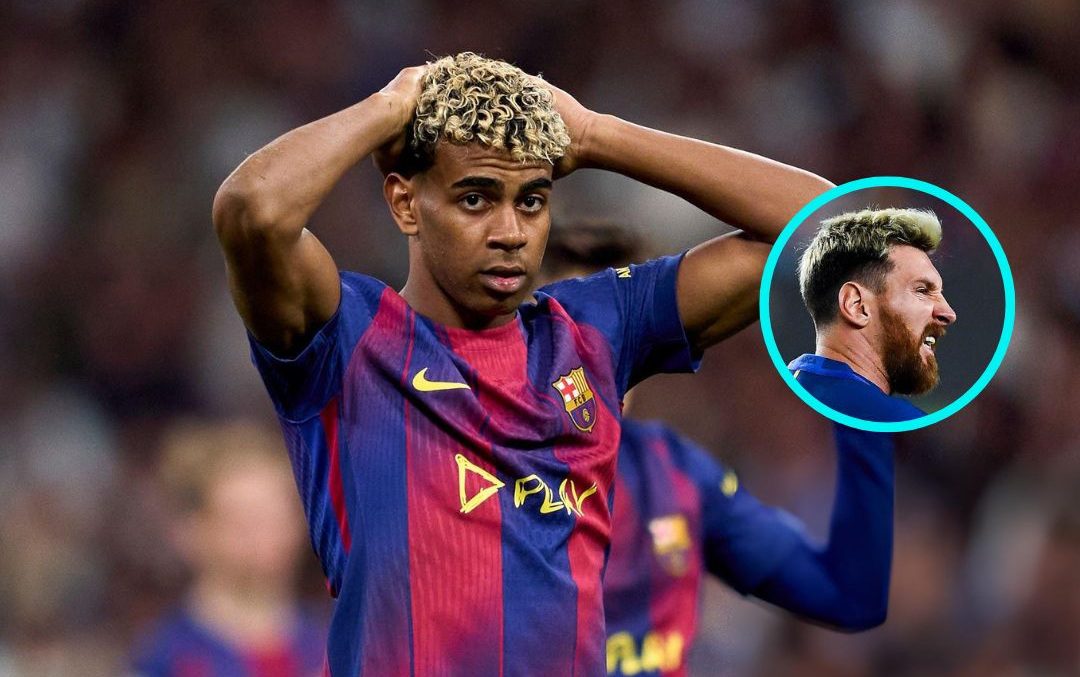 Lamine Yamal tampak frustrasi karena cedera pubalgia, dengan foto inset Lionel Messi yang pernah mengalami cedera serupa di Barcelona.