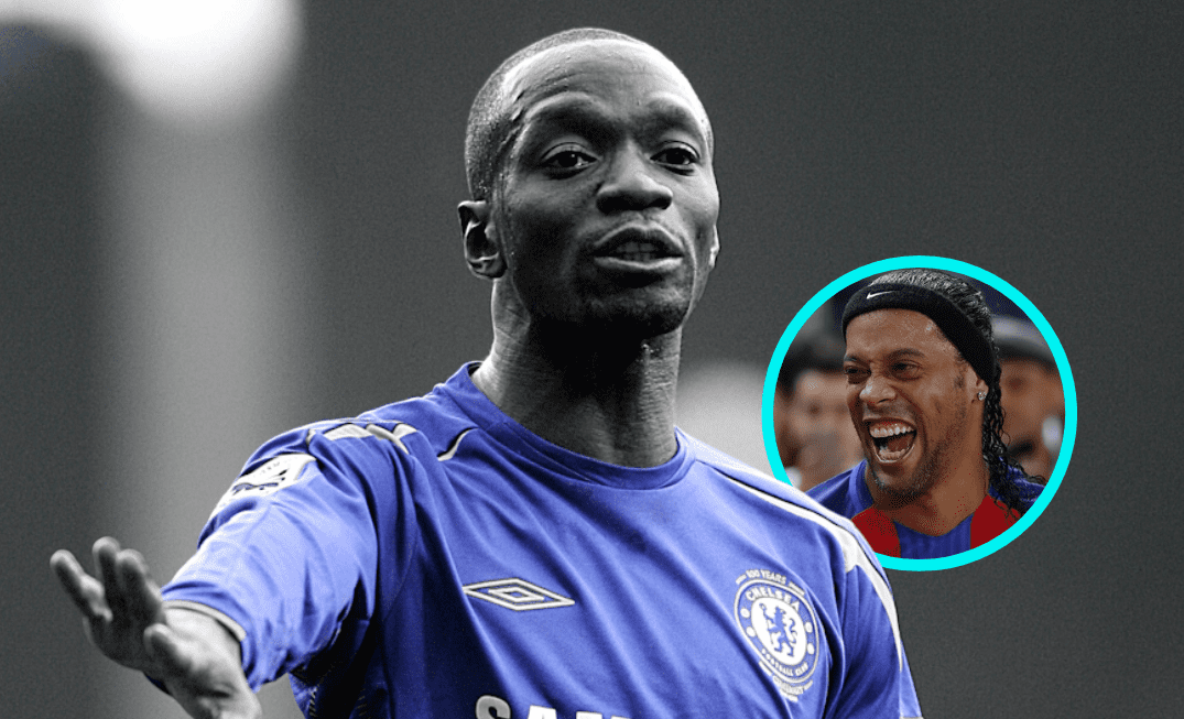 Makelele dalam jersey Chelsea dengan inset wajah Ronaldinho tersenyum menggambarkan kisah duel mereka di Liga Champions.