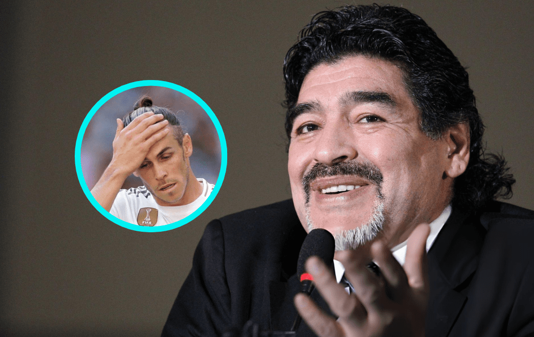 Diego Maradona berbicara di depan media, dengan inset Gareth Bale yang tampak kecewa.