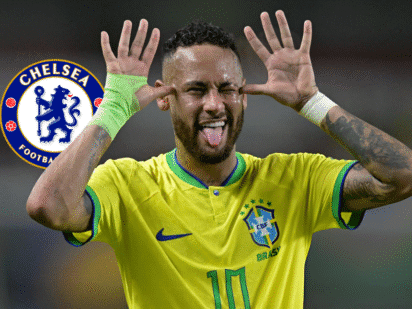 Neymar memakai seragam Brasil dengan logo Chelsea, menggambarkan transfer yang gagal pada 2010.