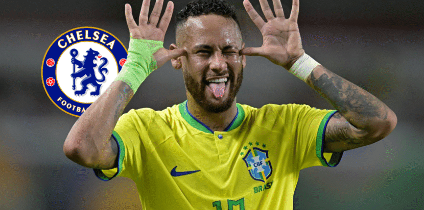 Neymar memakai seragam Brasil dengan logo Chelsea, menggambarkan transfer yang gagal pada 2010.