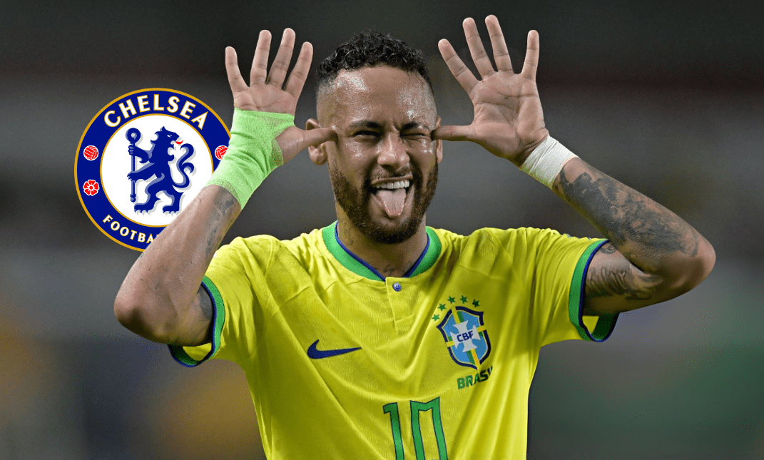 Neymar memakai seragam Brasil dengan logo Chelsea, menggambarkan transfer yang gagal pada 2010.