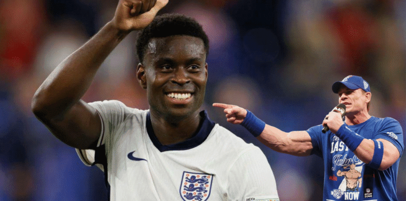 Ilustrasi Marc Guehi disandingkan dengan John Cena yang menggambarkan mimpinya menjadi pegulat WWE