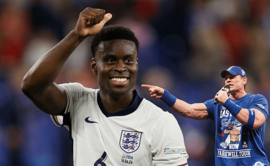 Ilustrasi Marc Guehi disandingkan dengan John Cena yang menggambarkan mimpinya menjadi pegulat WWE