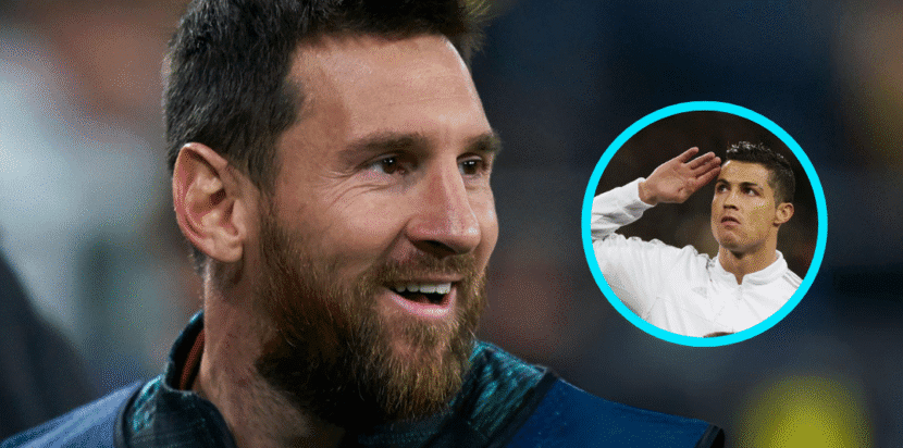 Lionel Messi tersenyum dengan inset Cristiano Ronaldo saat membahas daftar pemain terbaik dunia