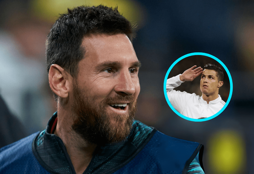 Lionel Messi tersenyum dengan inset Cristiano Ronaldo saat membahas daftar pemain terbaik dunia
