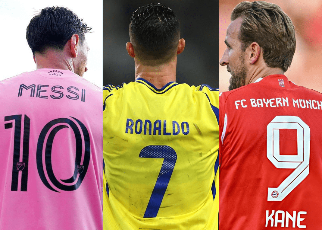 Lionel Messi, Cristiano Ronaldo, dan Harry Kane mengenakan jersey klub masing-masing dalam daftar jersey terlaris 2025.