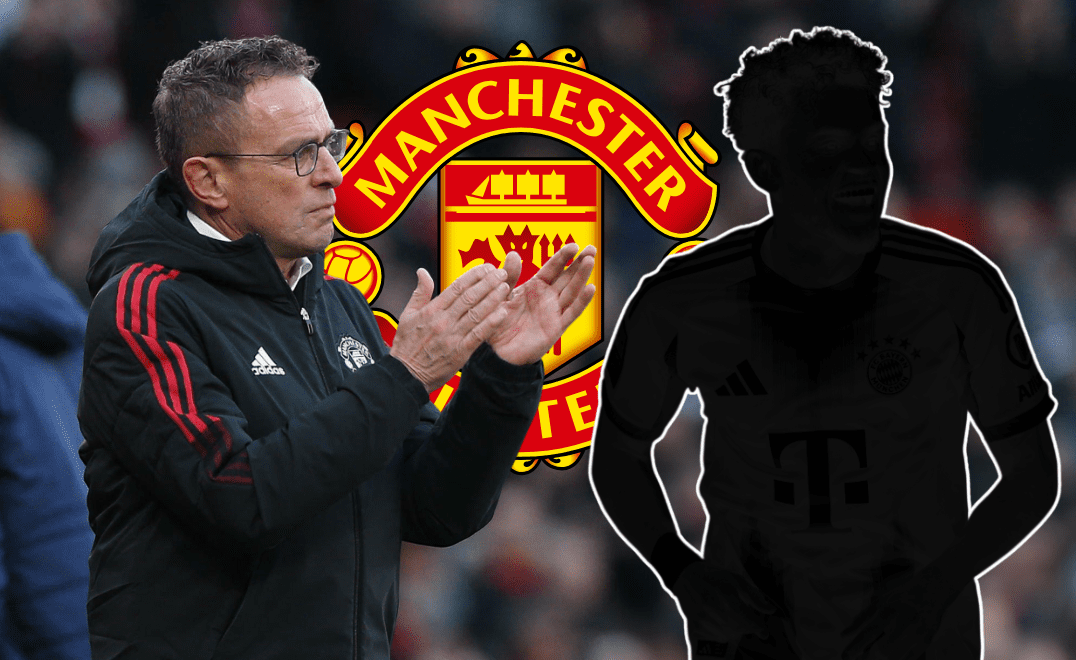 Ilustrasi Ralf Rangnick dan logo Manchester United dengan siluet pemain incaran yang gagal direkrut.