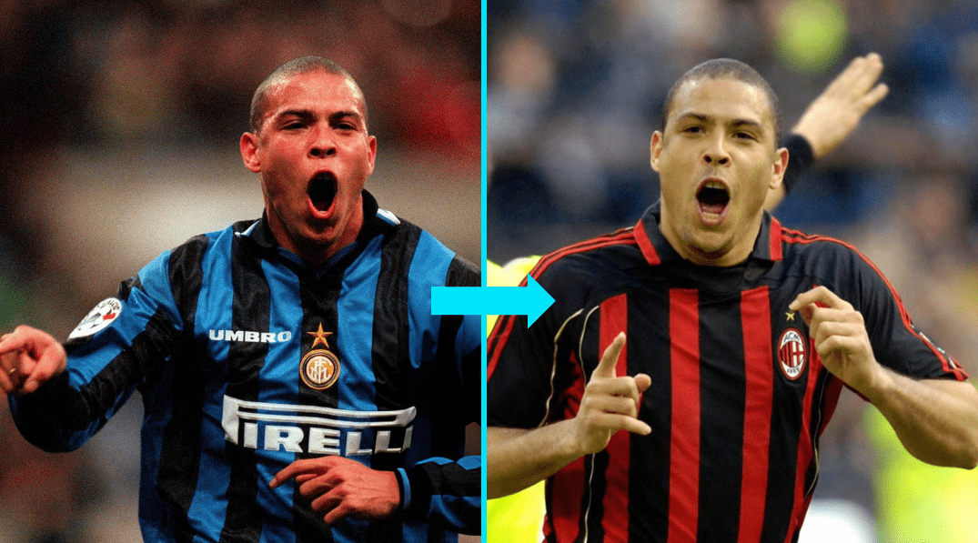 Ronaldo Nazario melakukan selebrasi gol saat membela AC Milan setelah kepindahannya dari Inter Milan.