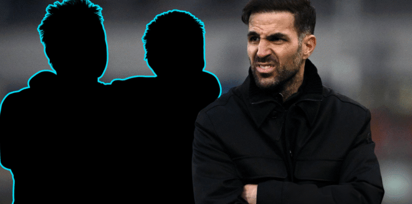 Ilustrasi visual Cesc Fabregas dengan siluet dua legenda Inggris yang terlibat rivalitas panjang dengannya.