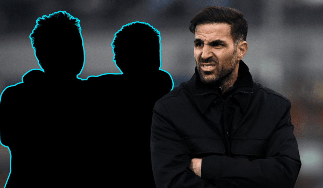 Ilustrasi visual Cesc Fabregas dengan siluet dua legenda Inggris yang terlibat rivalitas panjang dengannya.