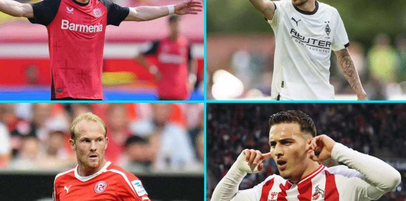 Kolase pemain dari Bayer Leverkusen, Borussia Mönchengladbach, FC Cologne, dan Fortuna Düsseldorf dalam rivalitas Derby Rhein.