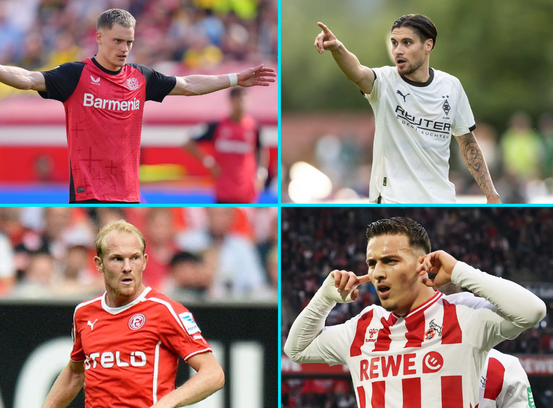 Kolase pemain dari Bayer Leverkusen, Borussia Mönchengladbach, FC Cologne, dan Fortuna Düsseldorf dalam rivalitas Derby Rhein.