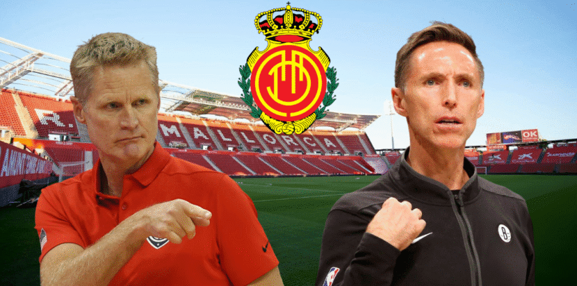 Ilustrasi Steve Kerr dan Steve Nash sebagai pemilik RCD Mallorca dengan latar Stadion Son Moix.