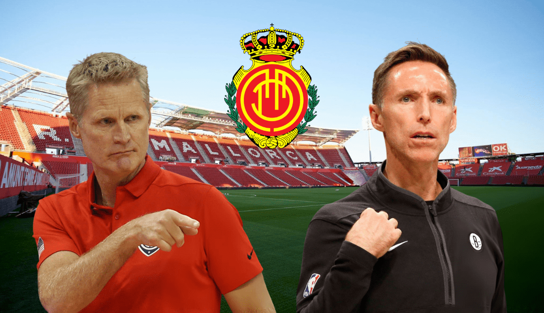 Ilustrasi Steve Kerr dan Steve Nash sebagai pemilik RCD Mallorca dengan latar Stadion Son Moix.